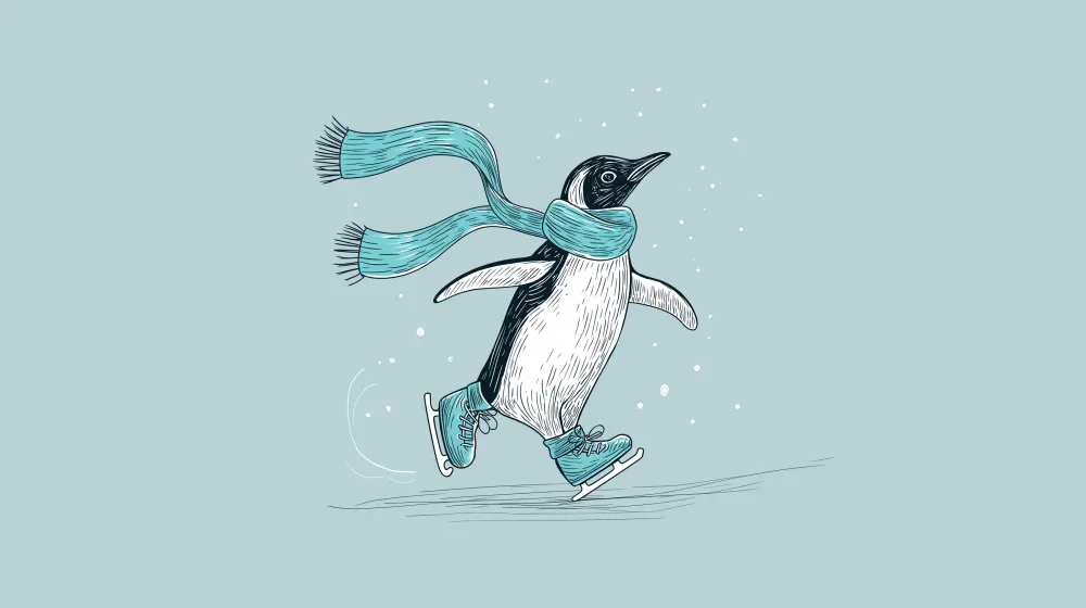 Papel de parede crianç | Patinador de pinguim com cachecol em um cenário de inverno