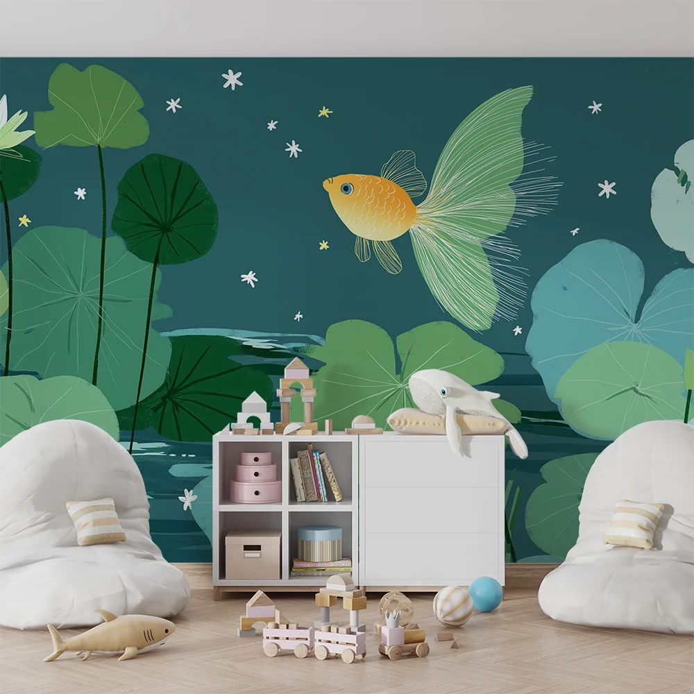 Papel de parede crianç | Peixe dourado e nenúfares em um cenário aquático calmante