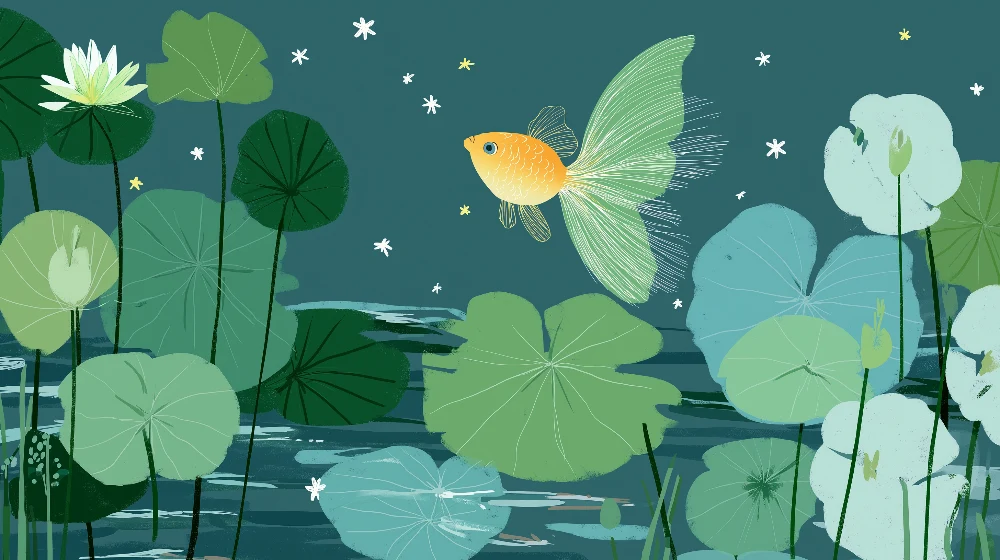 Papel de parede crianç | Peixe dourado e nenúfares em um cenário aquático calmante