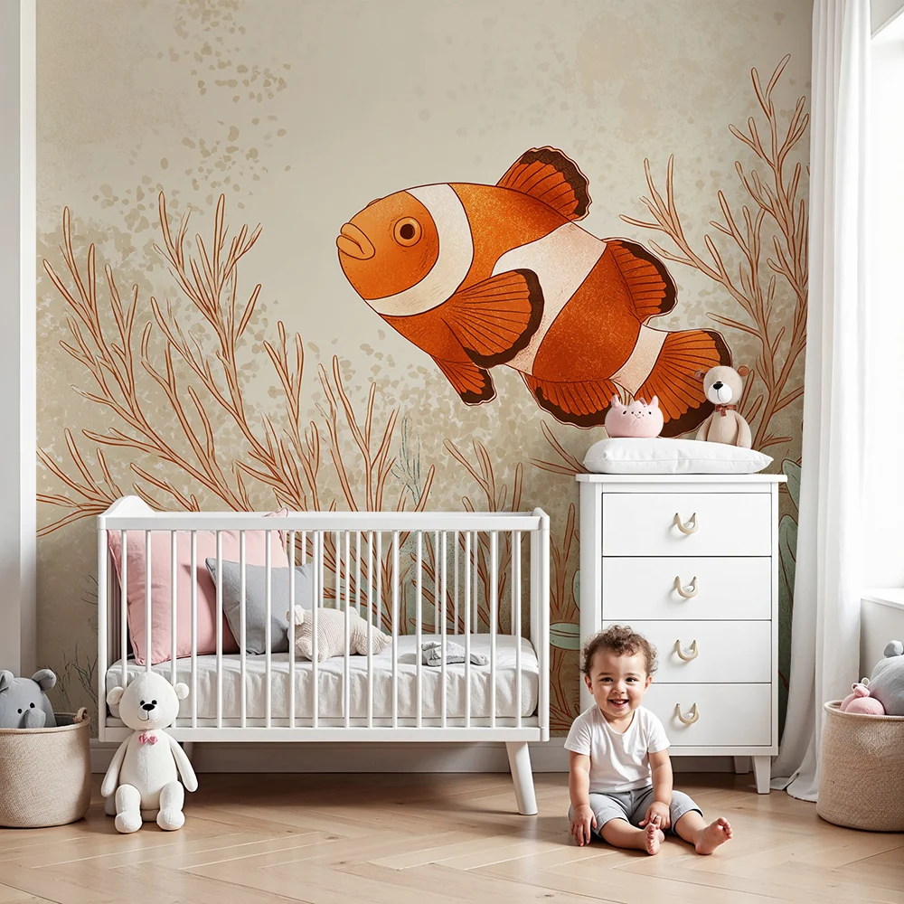 Papel de parede crianç | Peixe-palhaço e corais em um ambiente marinho tranquilo