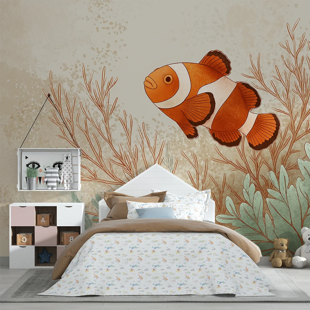 Papel de parede crianç | Peixe-palhaço e corais em um ambiente marinho tranquilo