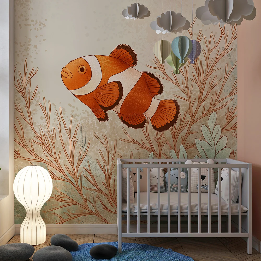 Papel de parede crianç | Peixe-palhaço e corais em um ambiente marinho tranquilo