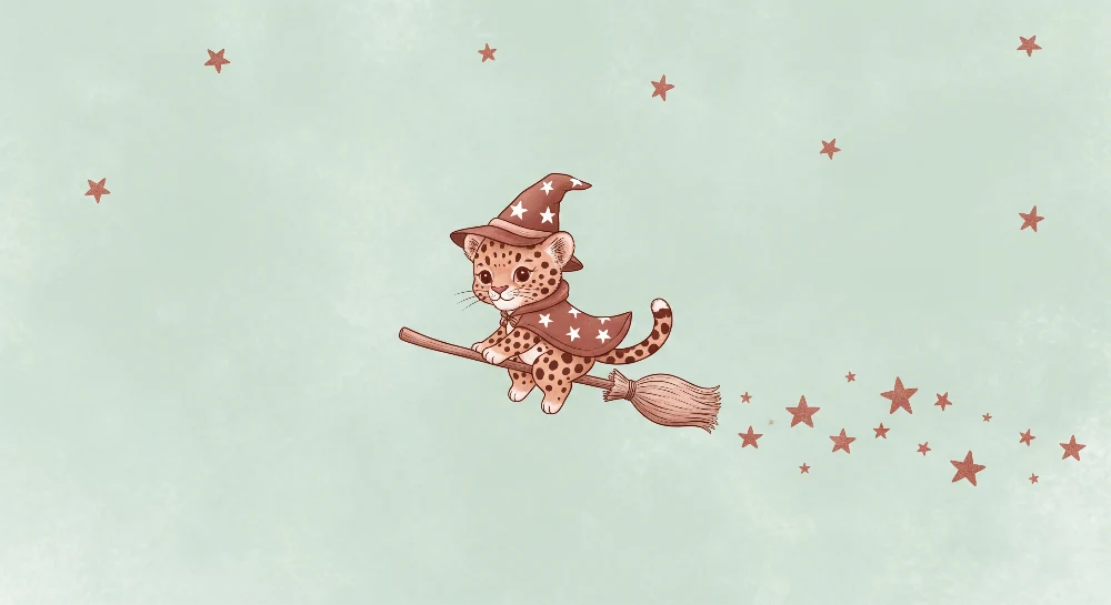 Papel de parede crianç | Pequena bruxinha leopardo em uma vassoura com estrelas