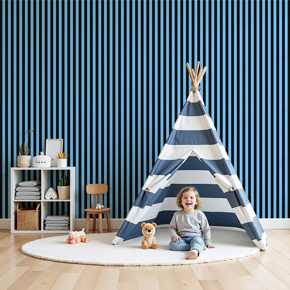 Papel de parede crianç | Pequenas listras verticais em azul e preto