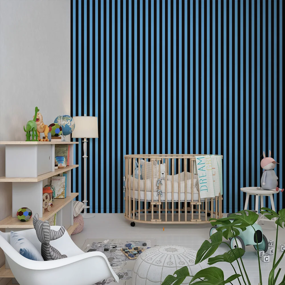 Papel de parede crianç | Pequenas listras verticais em azul e preto