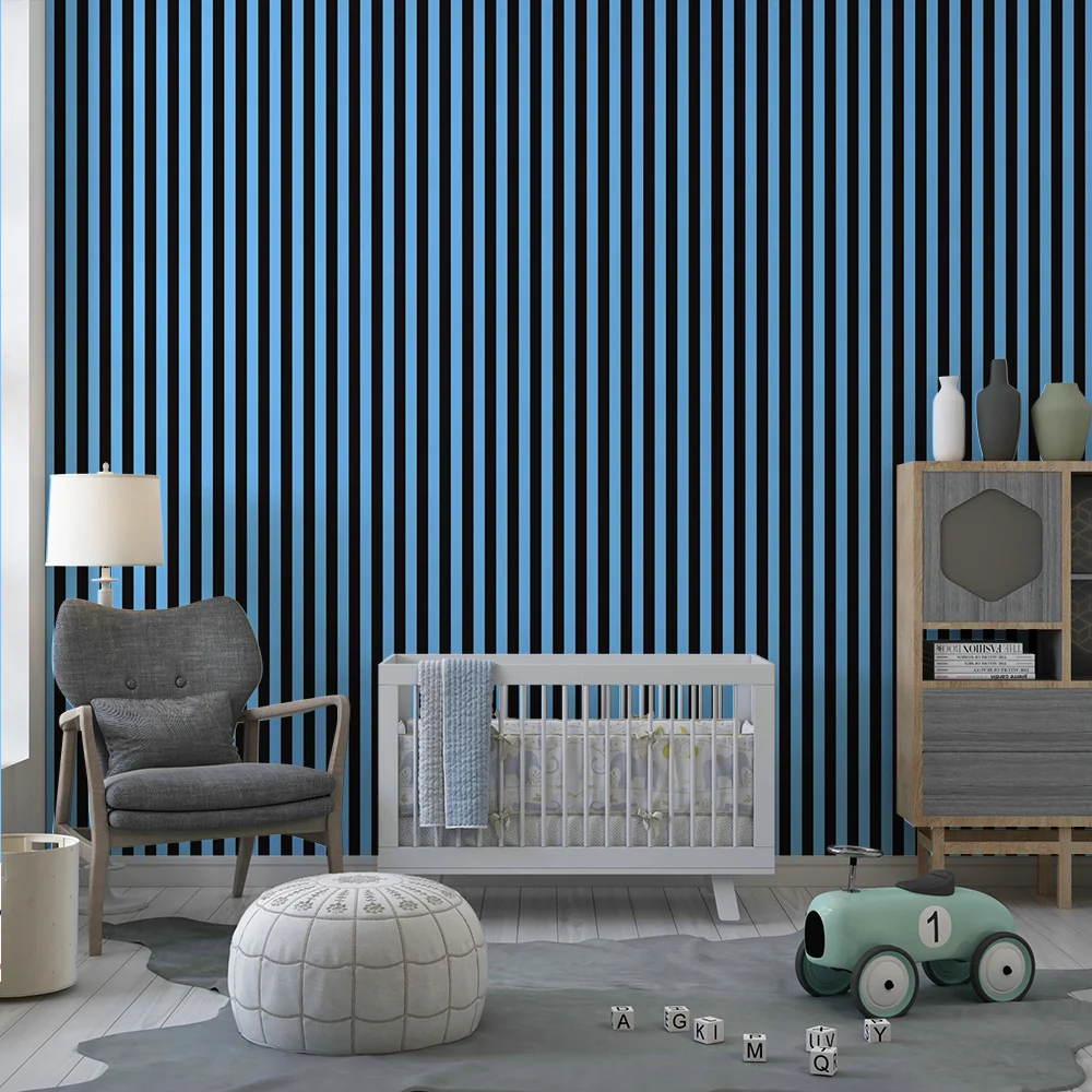 Papel de parede crianç | Pequenas listras verticais em azul e preto
