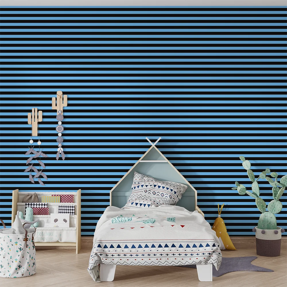 Papel de parede crianç | Pequenas riscas horizontais em azul e preto