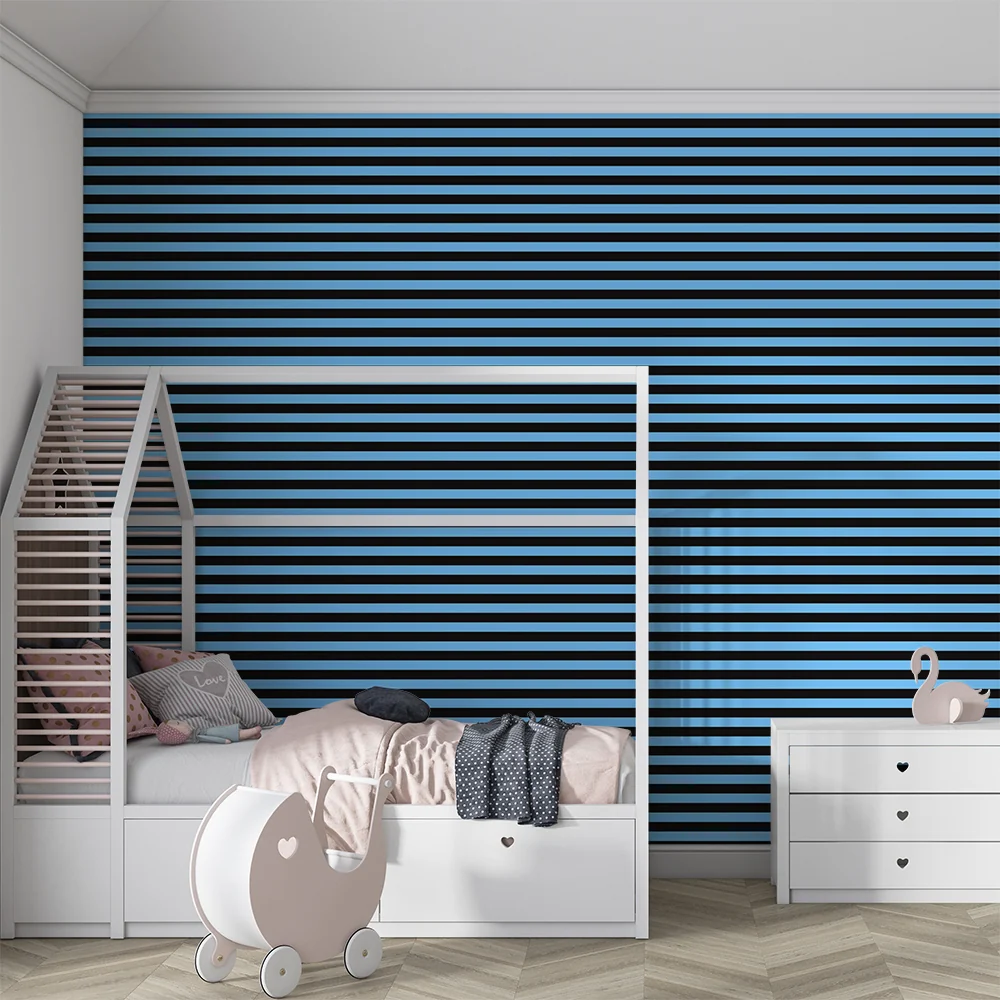 Papel de parede crianç | Pequenas riscas horizontais em azul e preto
