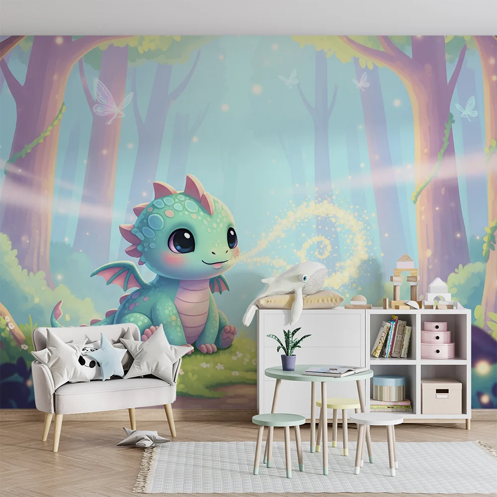 Papel de parede crianç | Pequeno dragão bonito em uma floresta encantada