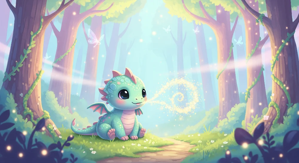 Papel de parede crianç | Pequeno dragão bonito em uma floresta encantada