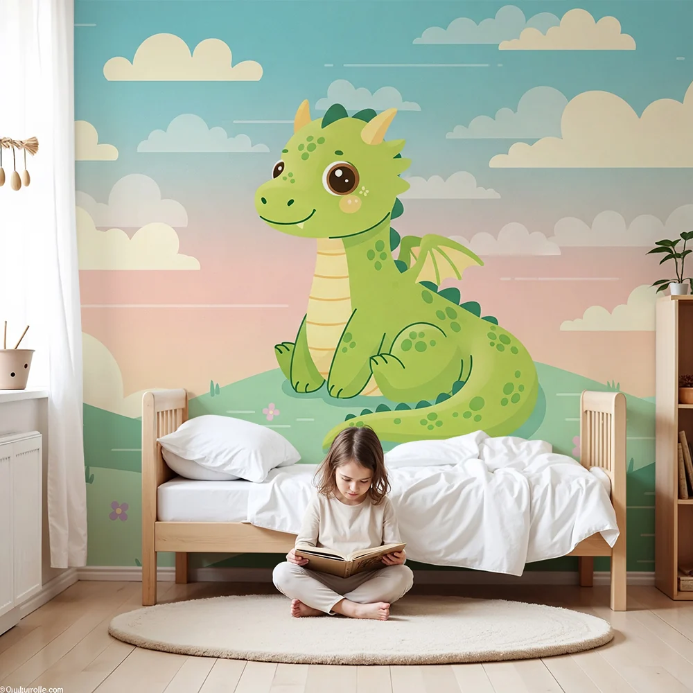Papel de parede crianç | Pequeno dragão bonito em uma paisagem encantadora