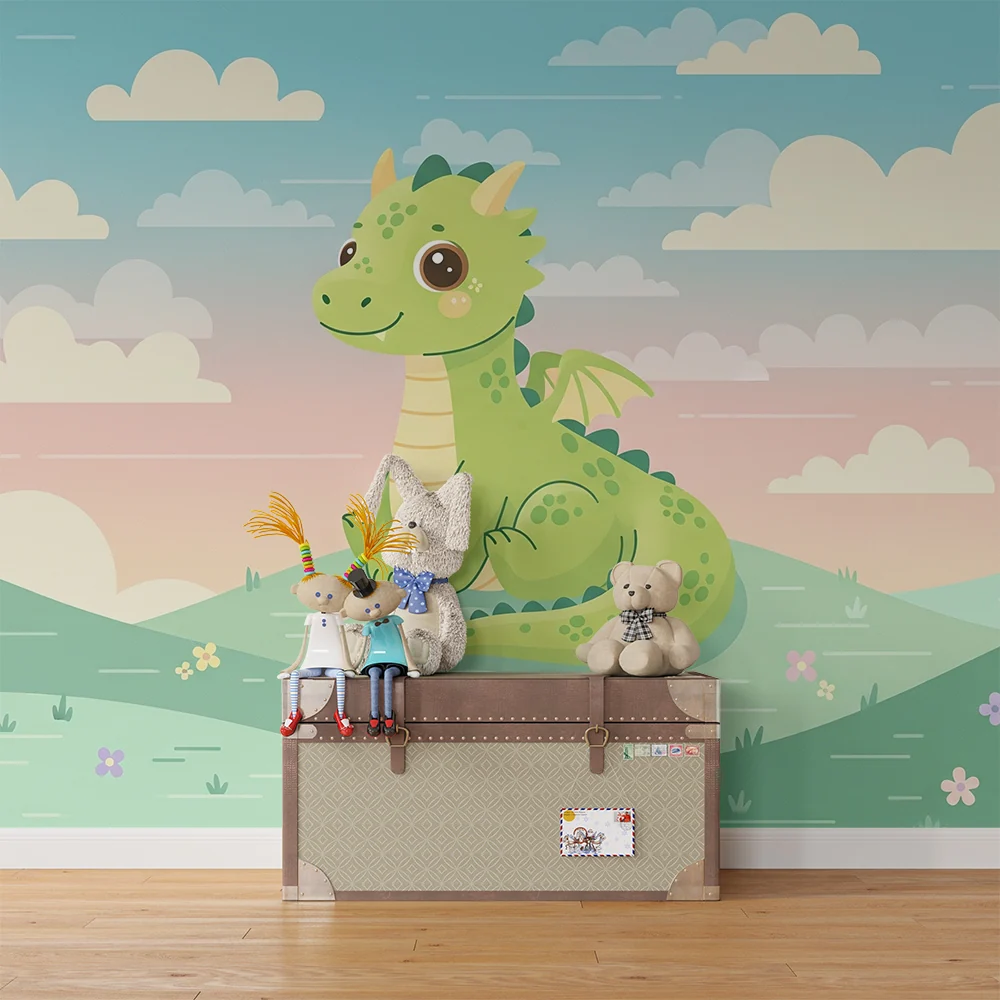 Papel de parede crianç | Pequeno dragão bonito em uma paisagem encantadora