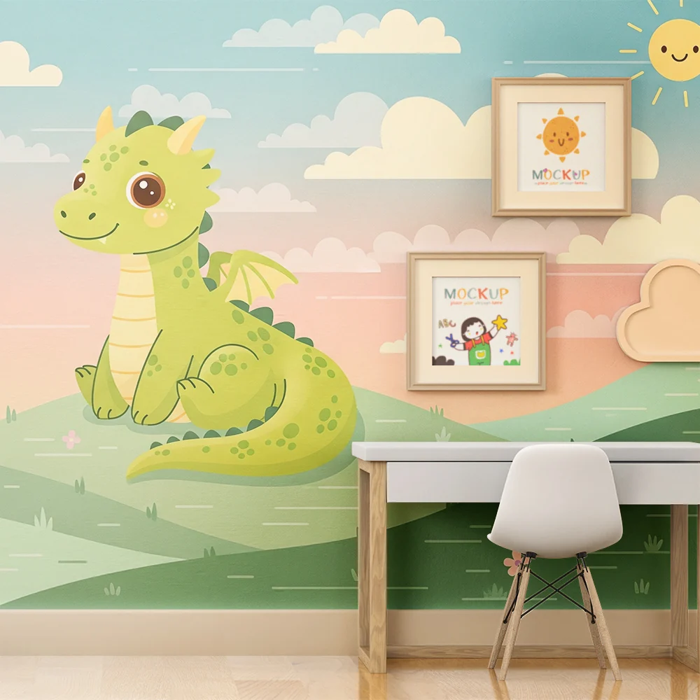 Papel de parede crianç | Pequeno dragão bonito em uma paisagem encantadora