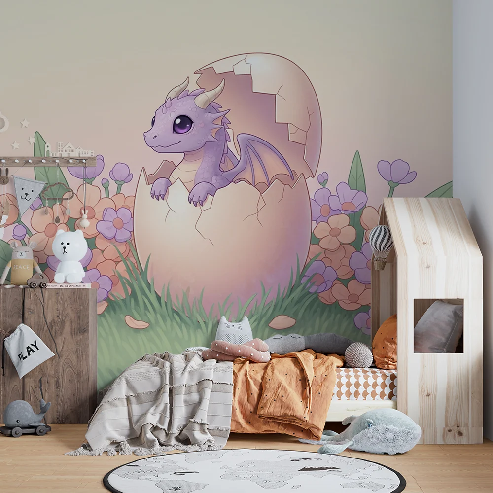 Papel de parede crianç | Pequeno dragão saindo do ovo no meio das flores