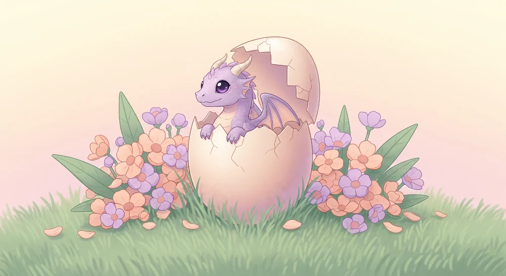 Papel de parede crianç | Pequeno dragão saindo do ovo no meio das flores