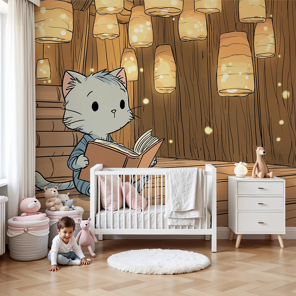 Papel de parede crianç | Pequeno gatinho em uma biblioteca mágica com lanternas brilhantes