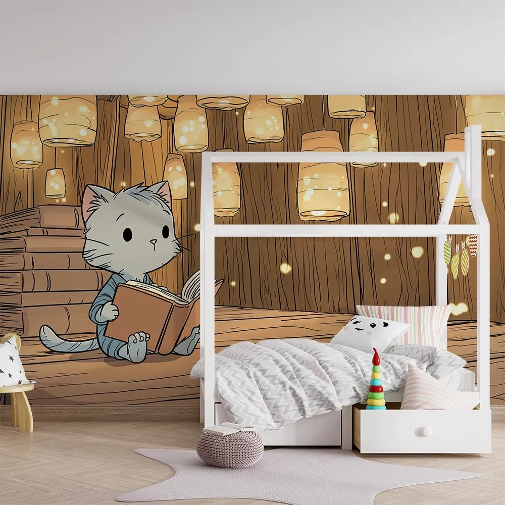 Papel de parede crianç | Pequeno gatinho em uma biblioteca mágica com lanternas brilhantes