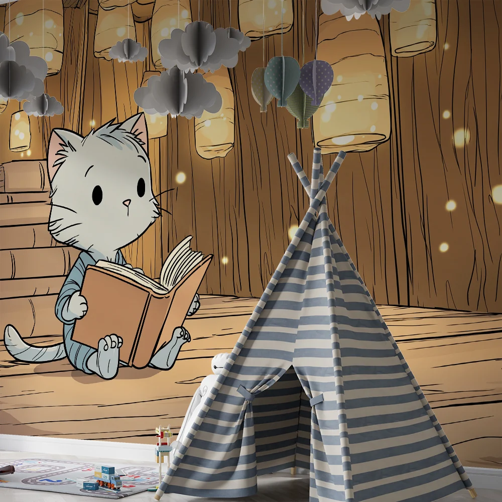 Papel de parede crianç | Pequeno gatinho em uma biblioteca mágica com lanternas brilhantes