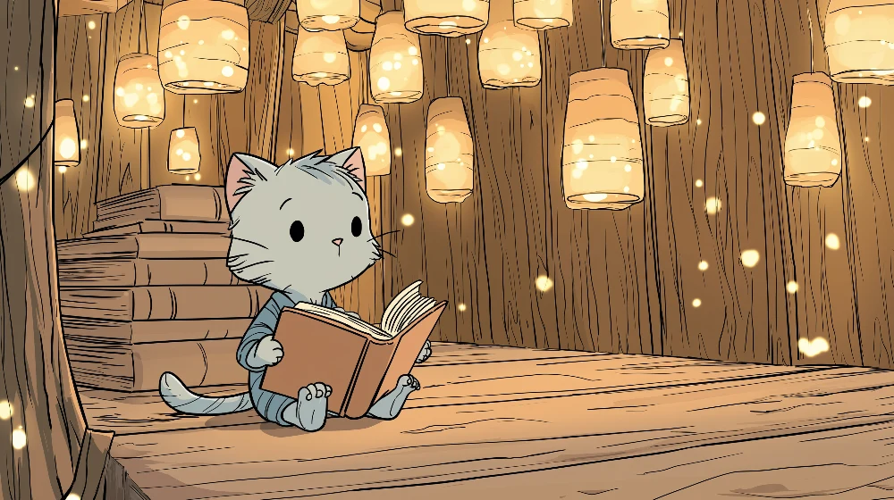 Papel de parede crianç | Pequeno gatinho em uma biblioteca mágica com lanternas brilhantes