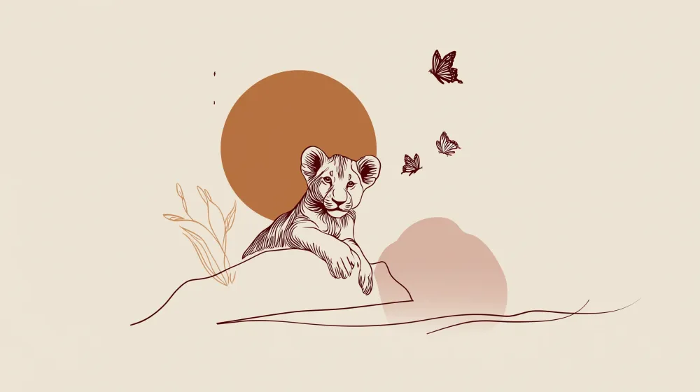 Papel de parede crianç | Pequeno leão e borboletas na savana