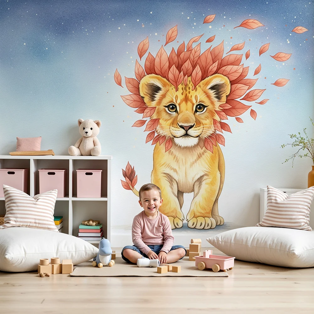 Papel de parede crianç | Pequeno leão com folhagens coloridas