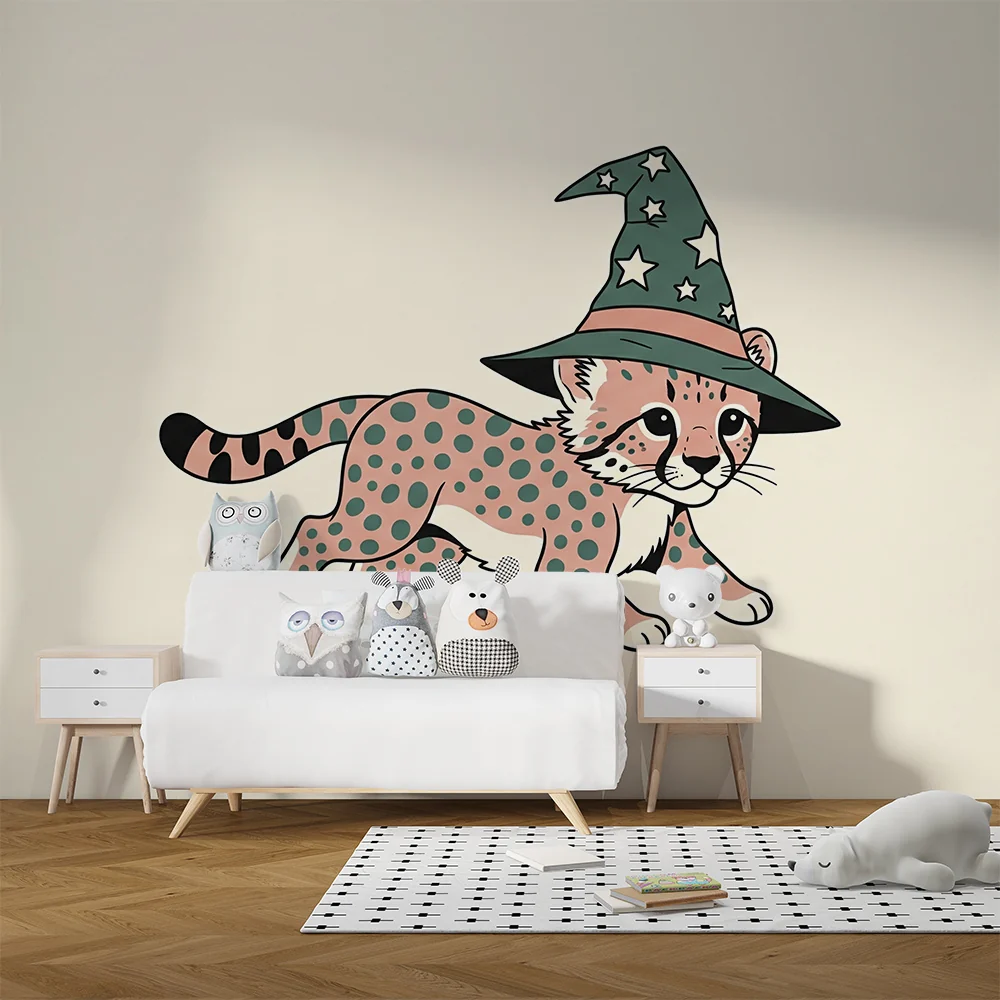Papel de parede crianç | Pequeno leopardo mágico com chapéu de feiticeiro