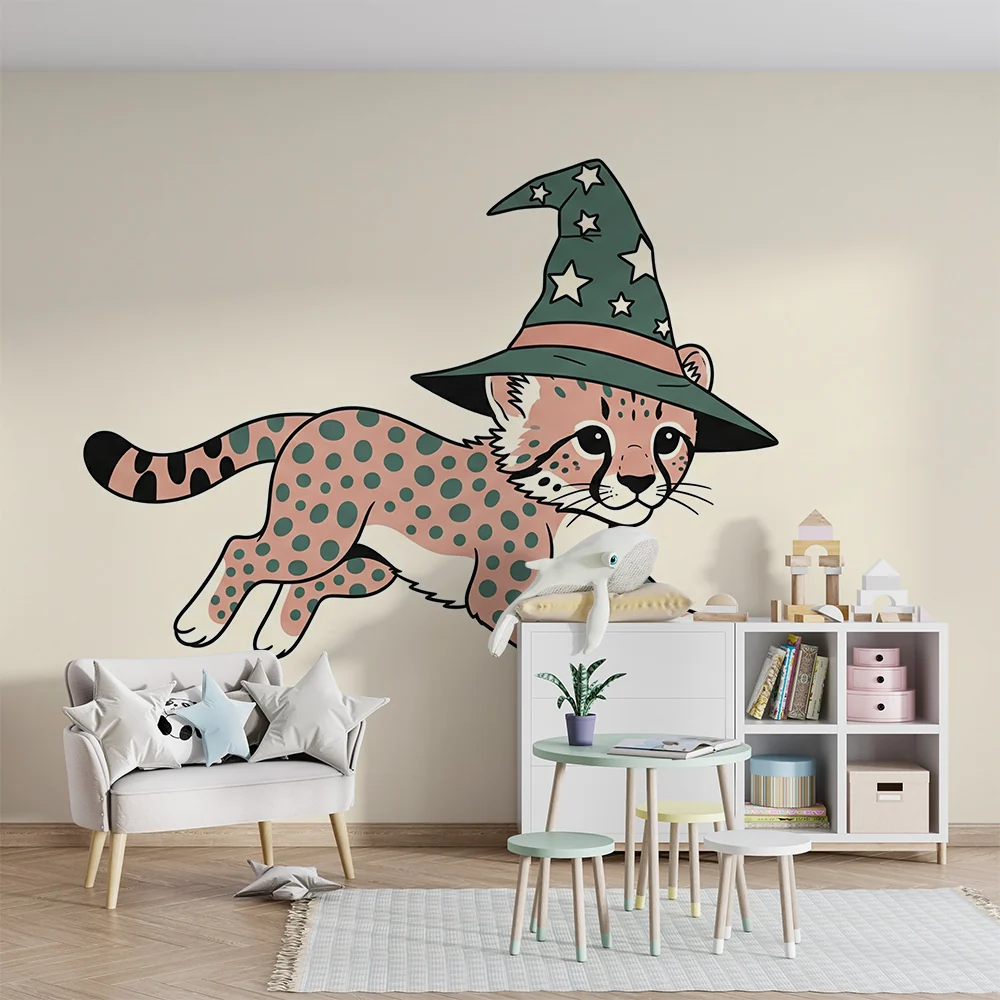 Papel de parede crianç | Pequeno leopardo mágico com chapéu de feiticeiro