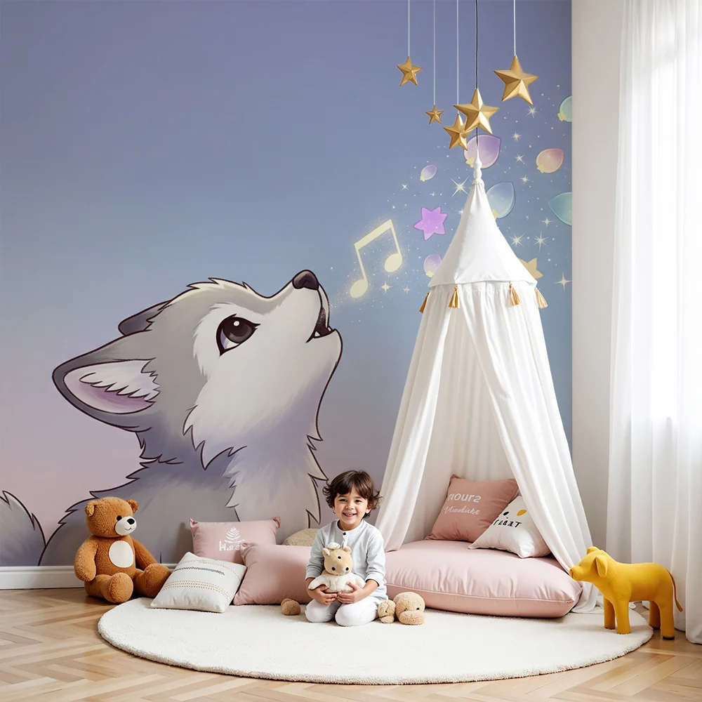 Papel de parede crianç | Pequeno lobo cantando com estrelas e notas musicais