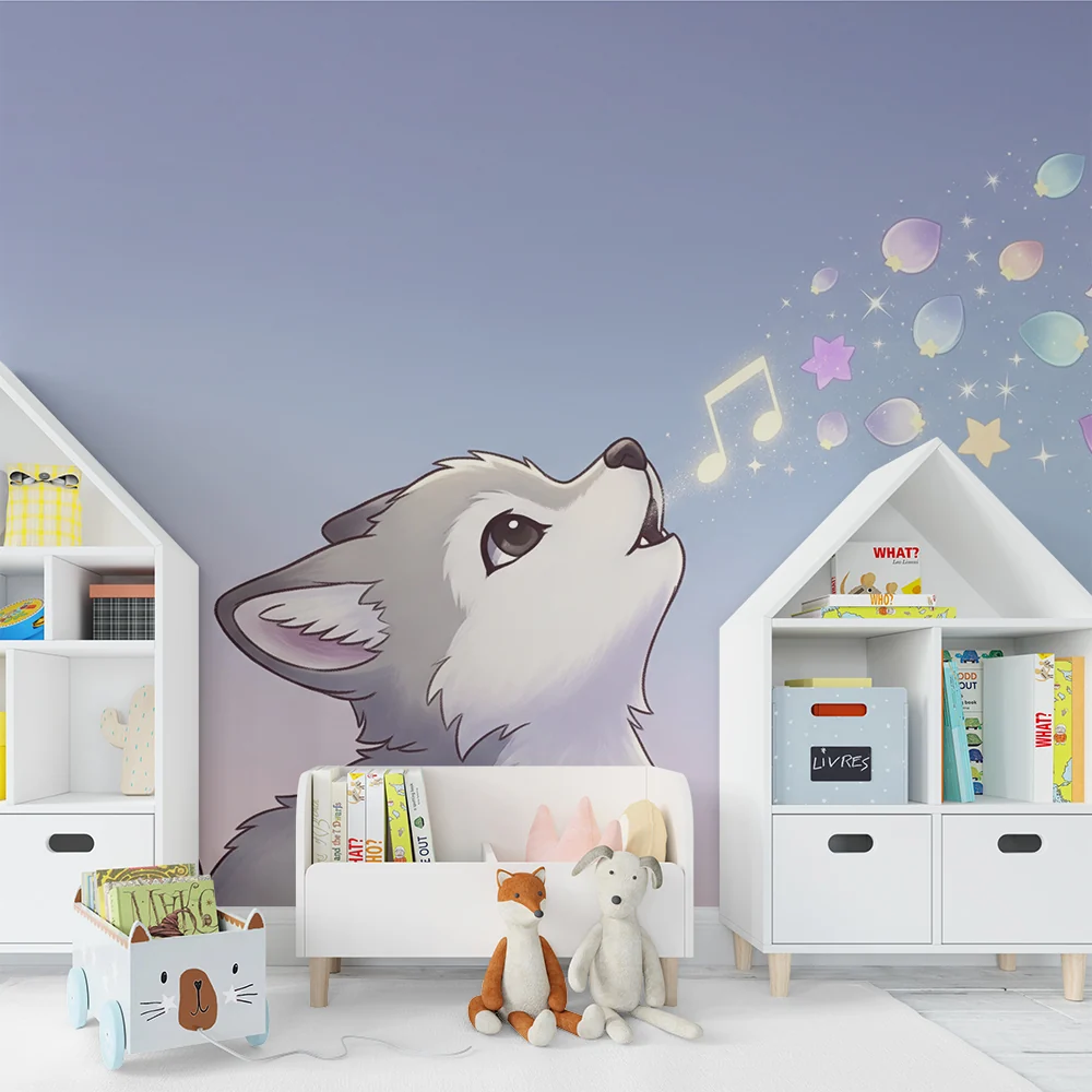 Papel de parede crianç | Pequeno lobo cantando com estrelas e notas musicais