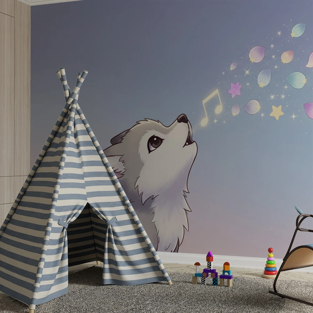 Papel de parede crianç | Pequeno lobo cantando com estrelas e notas musicais