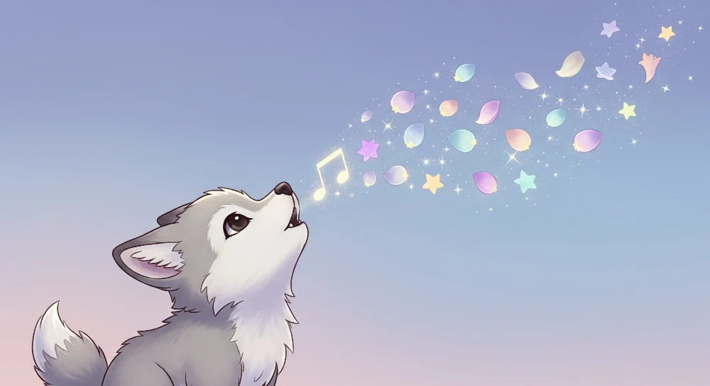 Papel de parede crianç | Pequeno lobo cantando com estrelas e notas musicais