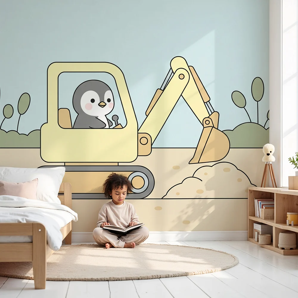 Papel de parede crianç | Pequeno pinguim e escavadora