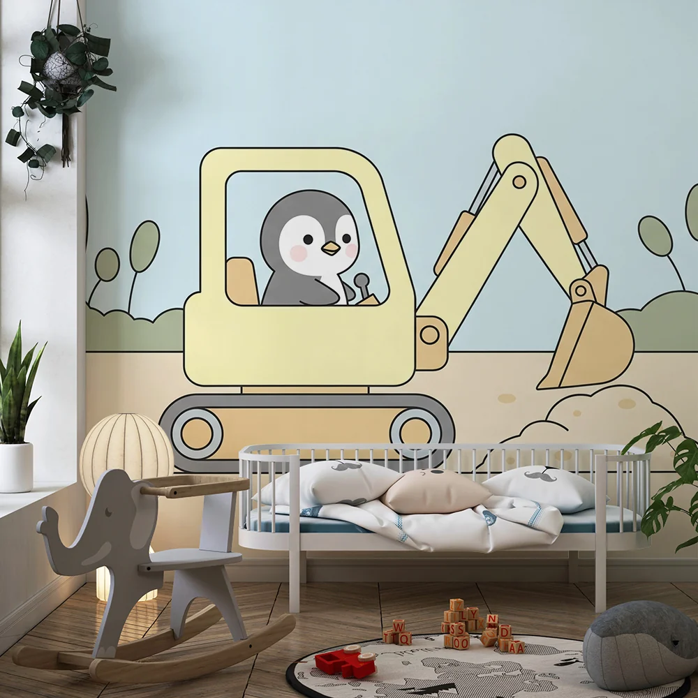 Papel de parede crianç | Pequeno pinguim e escavadora