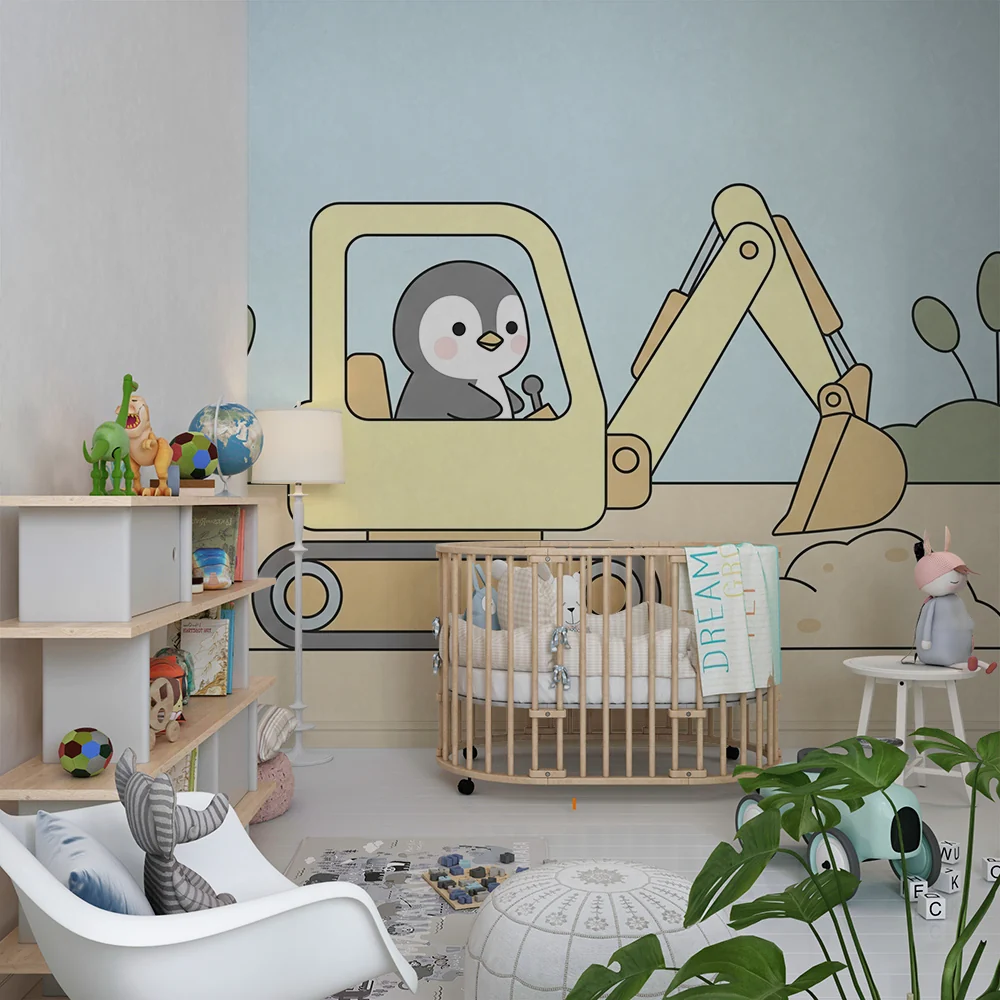 Papel de parede crianç | Pequeno pinguim e escavadora