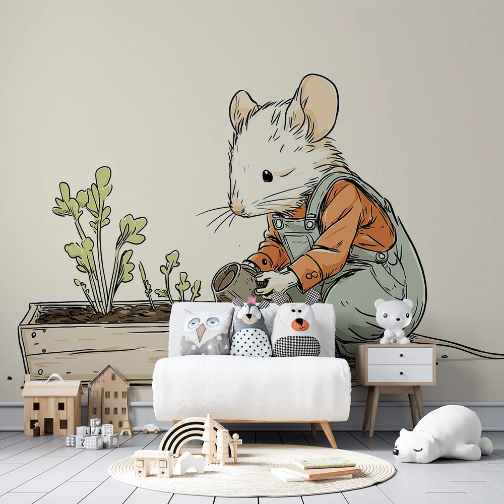 Papel de parede crianç | Pequeno rato jardineiro com suas plantas