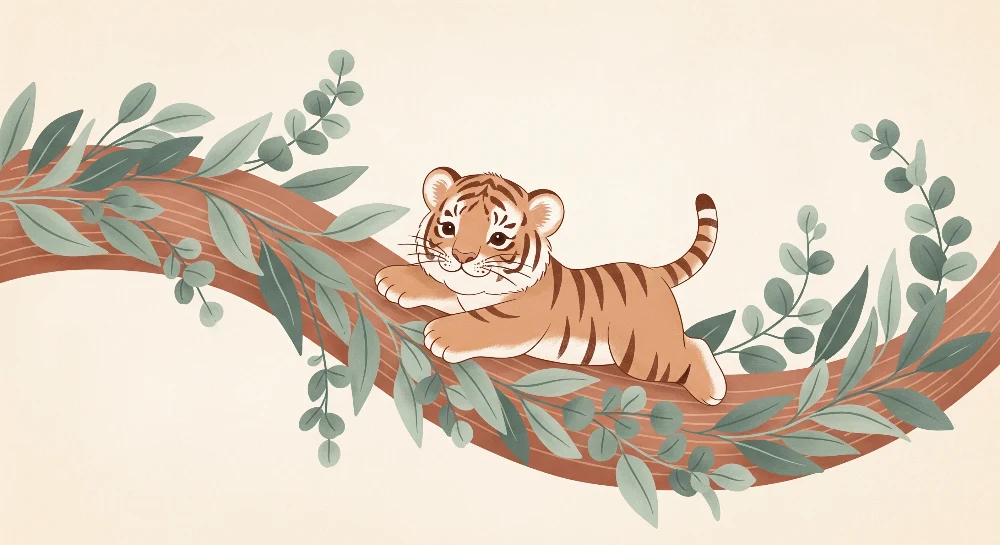 Papel de parede crianç | Pequeno tigre brincar num ramo com folhagem delicada