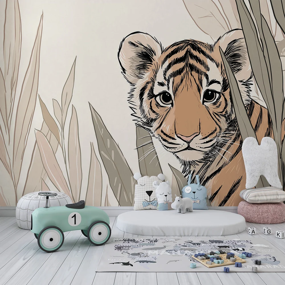 Papel de parede crianç | Pequeno tigre curioso no meio das folhagens