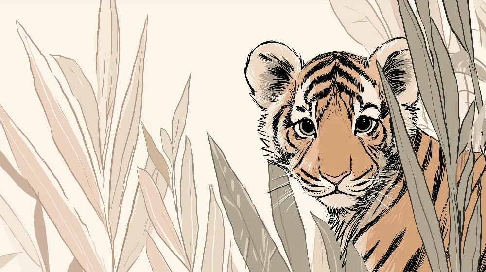 Papel de parede crianç | Pequeno tigre curioso no meio das folhagens