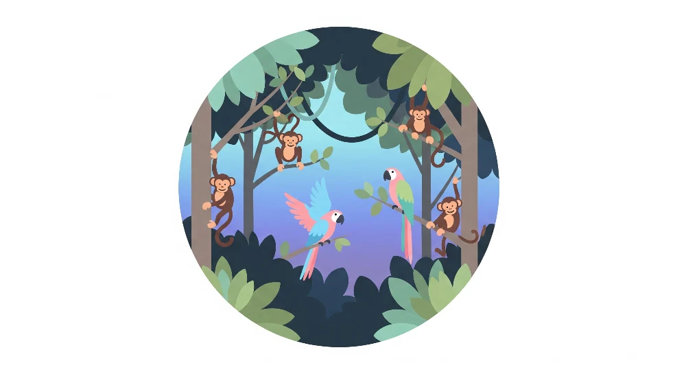 Papel de parede crianç | Pequenos macacos e papagaios coloridos na selva