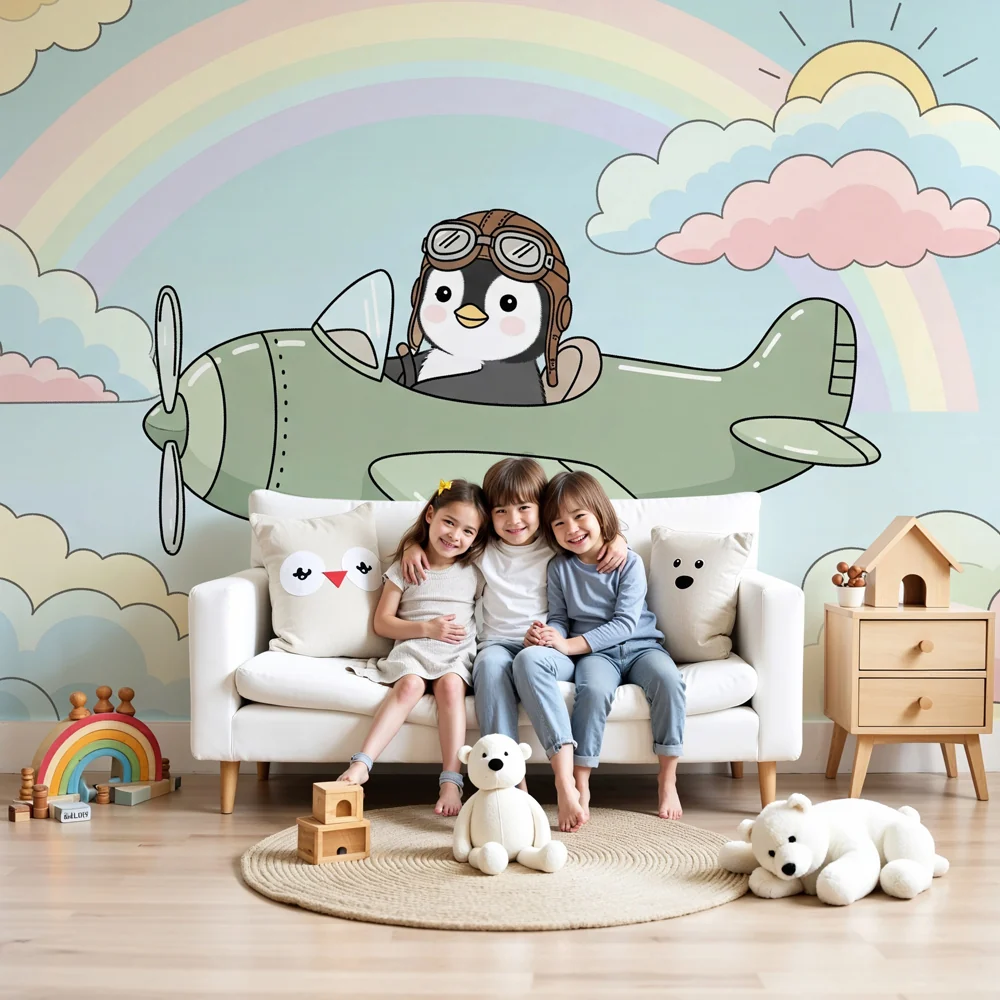 Papel de parede crianç | Piloto de pinguim e céu colorido