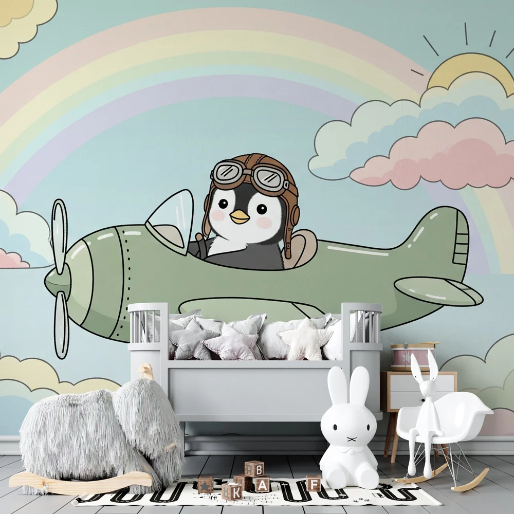 Papel de parede crianç | Piloto de pinguim e céu colorido