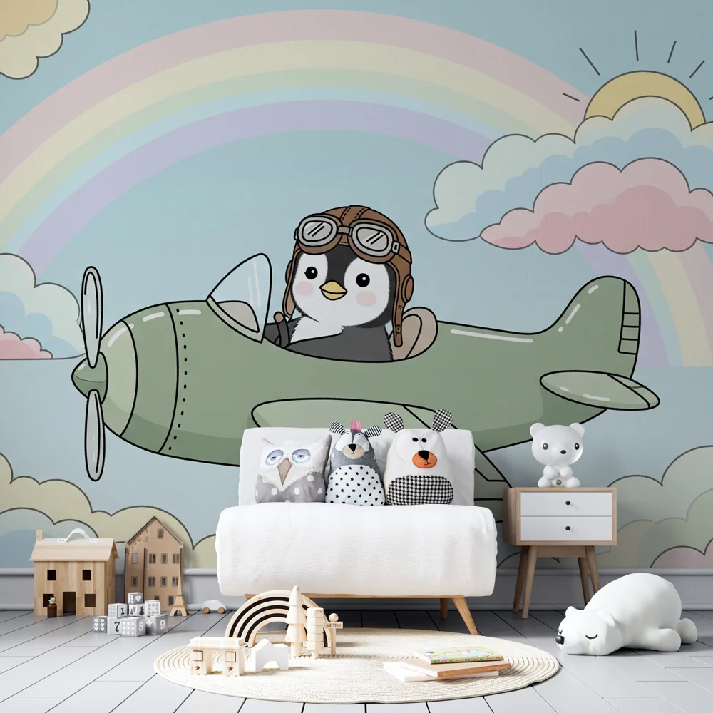 Papel de parede crianç | Piloto de pinguim e céu colorido