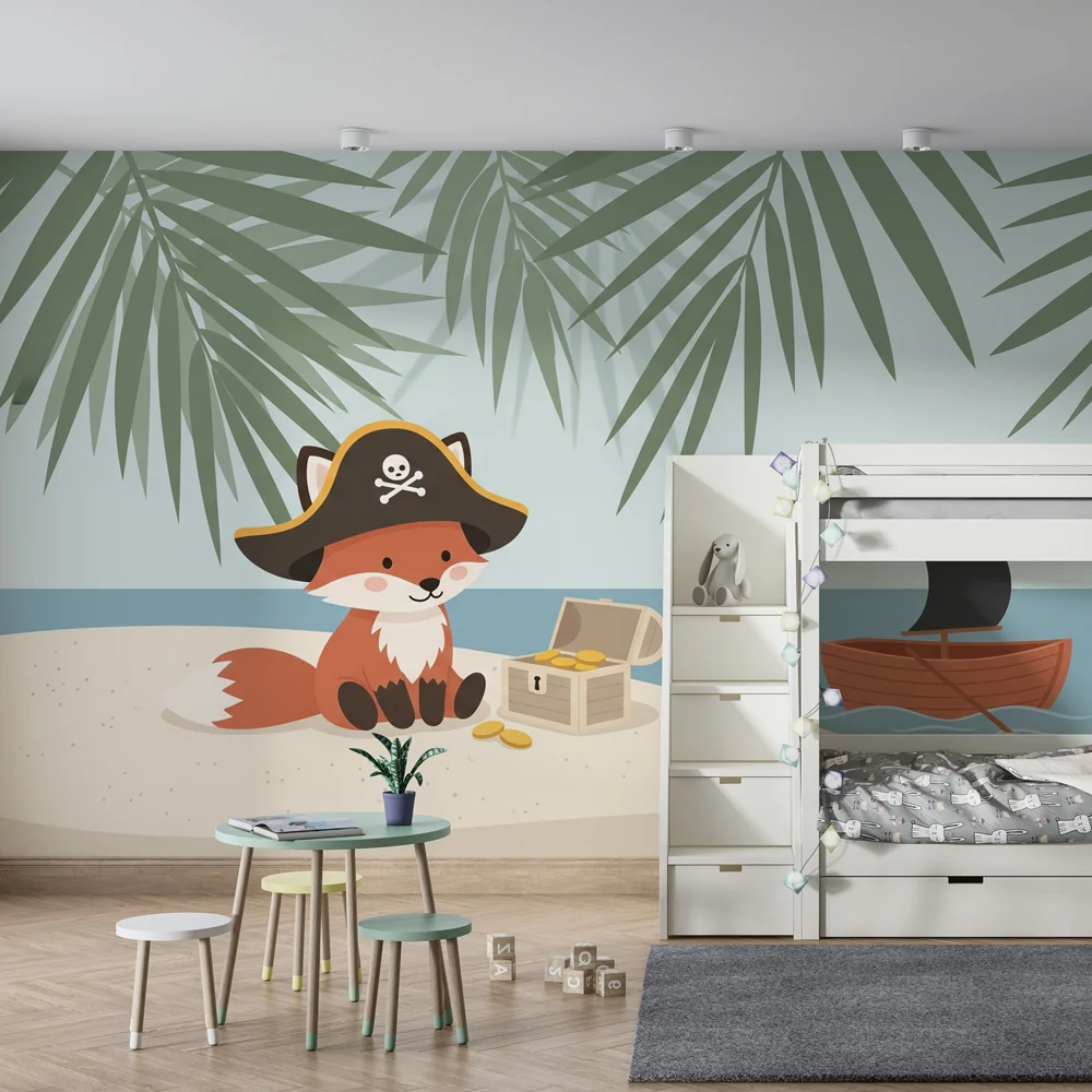 Papel de parede crianç | Pirata raposa em uma ilha tropical