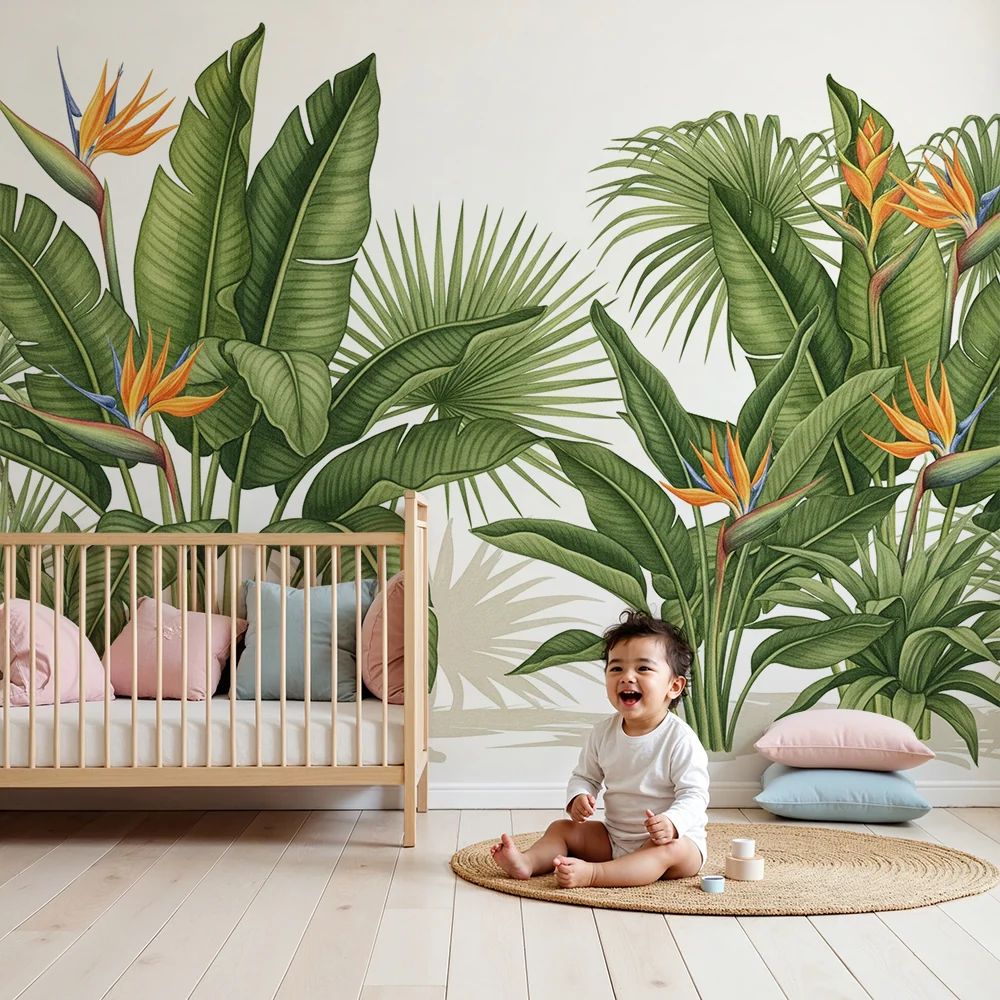 Papel de parede crianç | Plantas tropicais e flores exóticas em um cenário luxuriante