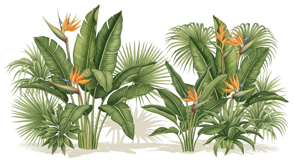 Papel de parede crianç | Plantas tropicais e flores exóticas em um cenário luxuriante