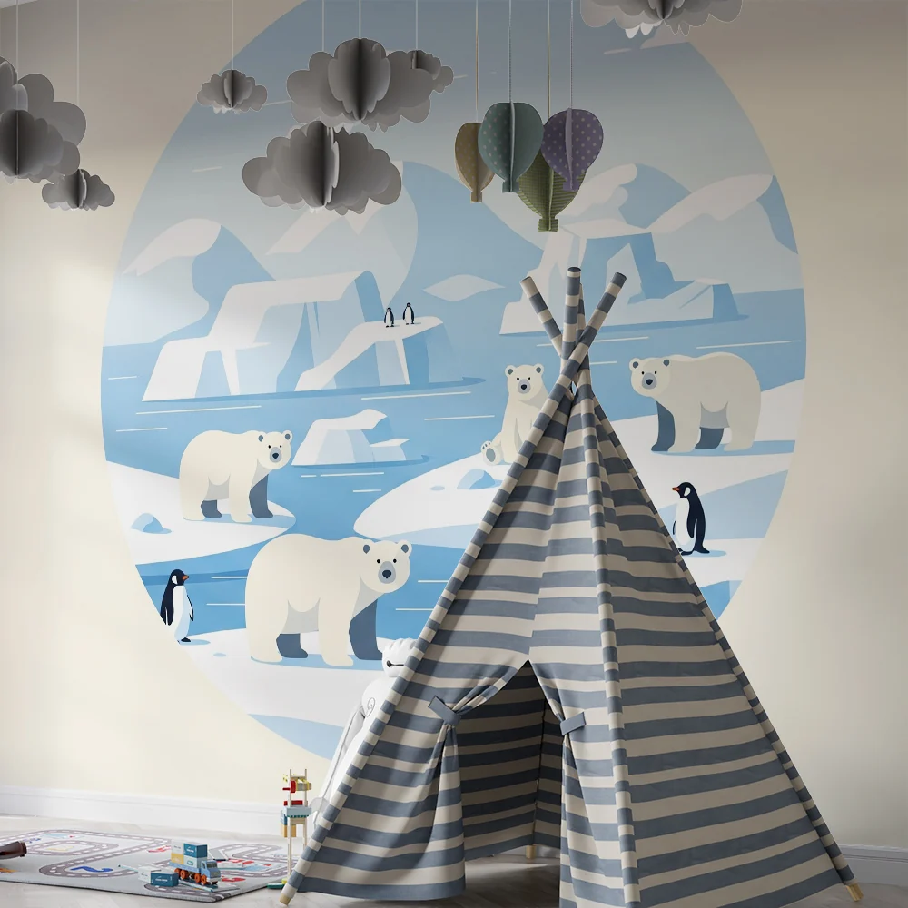 Papel de parede crianç | Polares ursos e pinguins em uma paisagem glacial