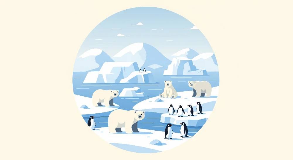 Papel de parede crianç | Polares ursos e pinguins em uma paisagem glacial