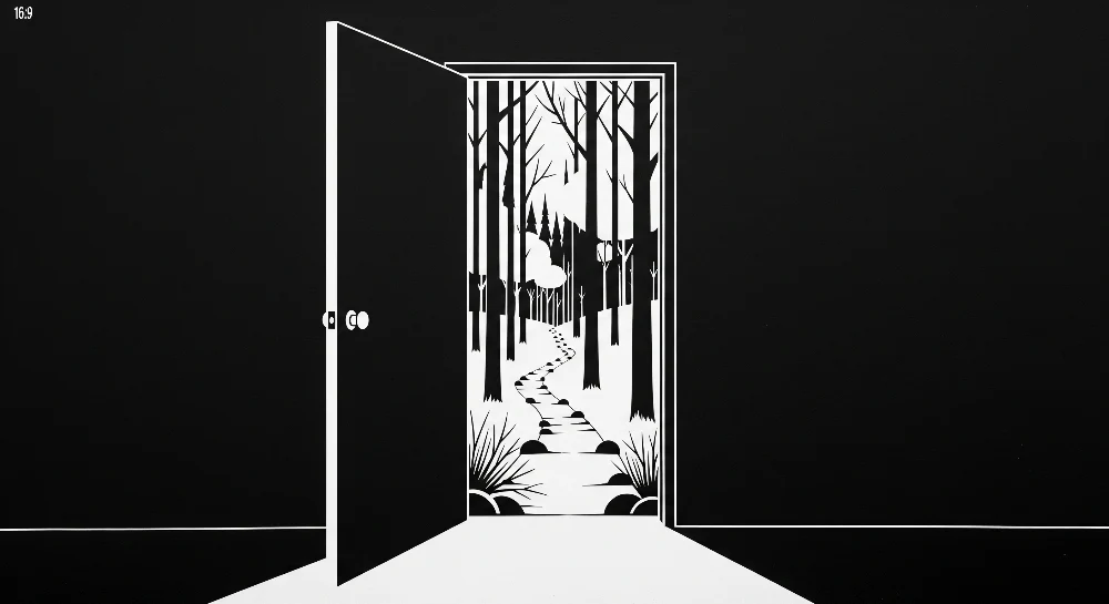 Papel de parede crianç | Porta aberta para um caminho florestal em preto e branco