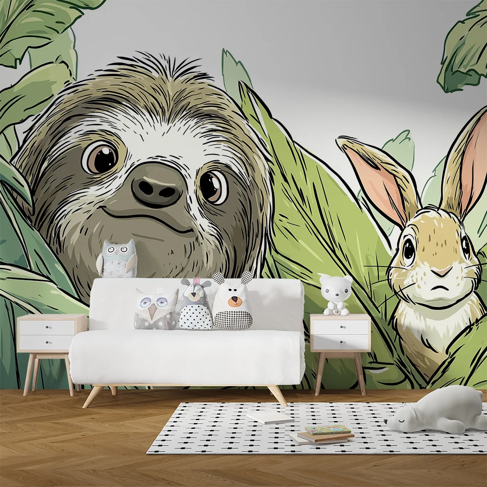 Papel de parede crianç | Preguiçoso e coelho no coração da selva