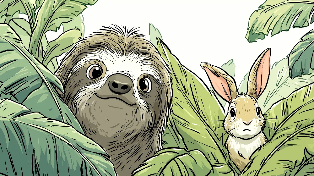Papel de parede crianç | Preguiçoso e coelho no coração da selva